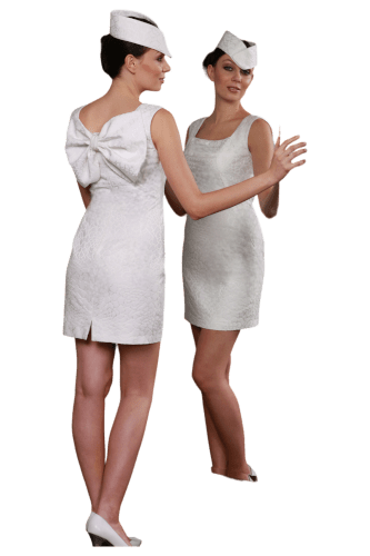 Hanna Bieńkowska kolekcja suknie ślubne - unikatowa i niepowtarzalna sukienka ślubna żakardowa krótka - taliowana z kokardą z tyłu, dekolt karo - biała