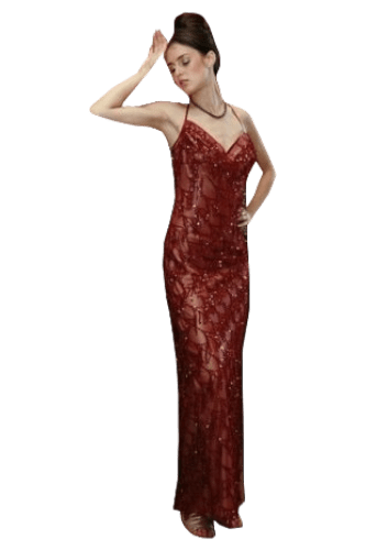 Hanna Bieńkowska kolekcja suknie wieczorowe długie - wyjątkowa i niepowtarzalna suknia wieczorowa długa - balowa, ołówkowa, koronkowa, cekinowa na ramiączka, dla druhny, mamy panny młodej - kolor ceglany