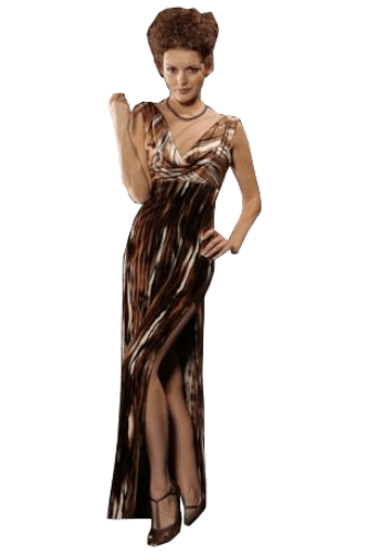 Hanna Bieńkowska kolekcja suknie wieczorowe długie - wyjątkowa i niepowtarzalna suknia wieczorowa długa - ołówkowa, imprezowa, tygrys, welurowa jedwabna, dekolt V, dla druhny, mamy panny młodej - brązowa
