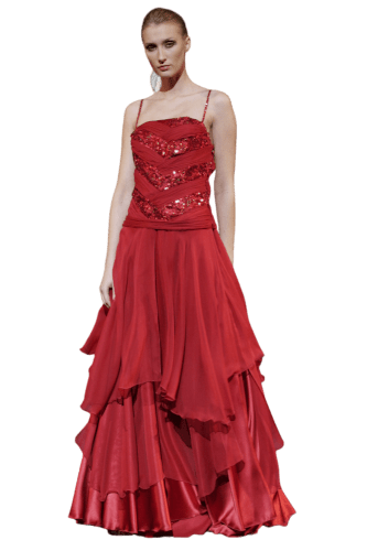 Hanna Bieńkowska kolekcja suknie wieczorowe długie - wyjątkowa i elegancka suknia wieczorowa długa - wizytowa, litera A, jedwabna i koronka cekinowa, czerwony gorset, ramiączka, dla druhny, mamy panny młodej - czerwona