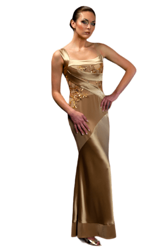 Hanna Bieńkowska kolekcja suknie wieczorowe długie - wyjątkowa i niepowtarzalna suknia wieczorowa długa - imprezowa, taliowana, litera A, dekolt karo, taliowana, satynowa, jedwabna, dla druhny, mamy panny młodej - złota