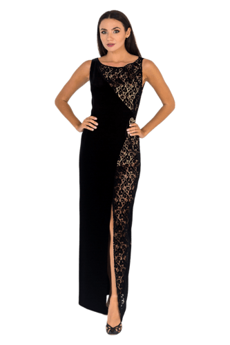 Hanna Bieńkowska kolekcja suknie wieczorowe długie - wyjątkowa i elegancka suknia wieczorowa długa - wizytowa, ołówkowa, dekolt łódka, koronka welurowa, taliowana, dla druhny, mamy panny młodej - czarna