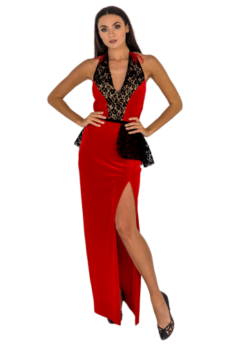Hanna Bieńkowska kolekcja suknie wieczorowe długie - wyjątkowa i elegancka suknia wieczorowa długa - wizytowa, taliowana, ołówkowa, dekolt V, plecy odkryte, koronka welurowa, dla druhny, mamy panny młodej - czerwono czarna