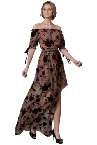 Hanna Bieńkowska kolekcja suknie wieczorowe długie - wyjątkowa i niepowtarzalna suknia wieczorowa długa - imprezowa, dwuczęściowa, welur jedwabny devore, dekolt opadający, krótki rękaw, dla druhny, mamy panny młodej - brudny róż