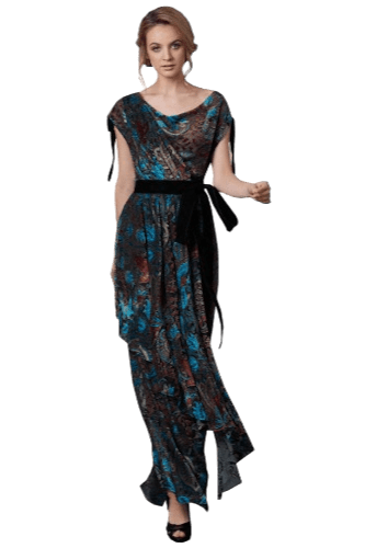 Hanna Bieńkowska kolekcja suknie wieczorowe długie - wyjątkowa i elegancka suknia wieczorowa długa - wizytowa, dekolt łódka, welur jedwabny devore, dla druhny, mamy panny młodej - czarno-turkusowa