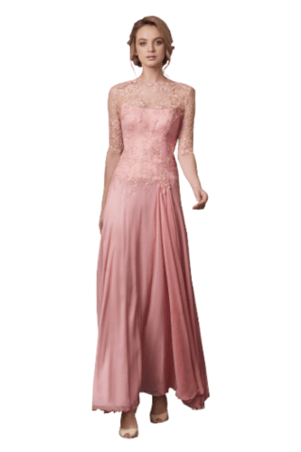 Hanna Bieńkowska kolekcja suknie wieczorowe długie - wyjątkowa i niepowtarzalna suknia wieczorowa długa - imprezowa, koronka z koralikami, jedwab, gorset, koronka pod szyję, długi rękaw dopasowany, taliowana, na plecach dekolt, dla druhny, mamy panny młodej - łososiowa