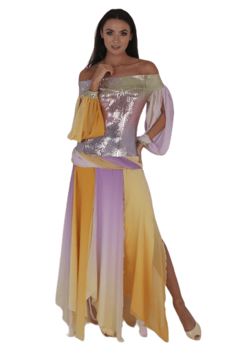 Hanna Bieńkowska kolekcja suknie wieczorowe długie - niepowtarzalna i unikatowa sukienka na imprezę - litera A, muślin, dekolt asymetryczny ozdobny, gorset elastyczny cekinowy, dla druhny, mamy panny młodej - żółty wrzosowy