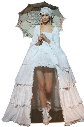 Hanna Bieńkowska kolekcja suknie artystyczne - wyjątkowa i niepowtarzalna suknia na wesele długa z odkrytymi nogami z przodu - dwuczęściowa, bawełna z koronką angielską - biała