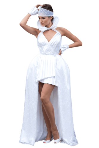 Hanna Bieńkowska kolekcja suknie artystyczne - wyjątkowa i niepowtarzalna suknia weselna długa z odkrytymi nogami z przodu - portfelowa, satyna plisowana z szyfonem brokatowym, z kryzą i mankietami - biała