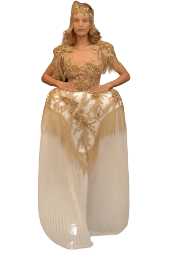 Hanna Bieńkowska kolekcja Haute Couture - artystyczna, wyjątkowa i niepowtarzalna suknia ślubna długa - dwuczęściowa, taneczna latino, aplikacje koronkowe na tiulu i satynie, frędzle - złota