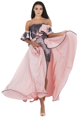 Hanna Bieńkowska kolekcja Haute Couture - artystyczna, wyjątkowa i niepowtarzalna suknia wieczorowa balowa krótka - satynowa z aplikacjami z koronki fioletowej, z koralikami i cekinami - różowa