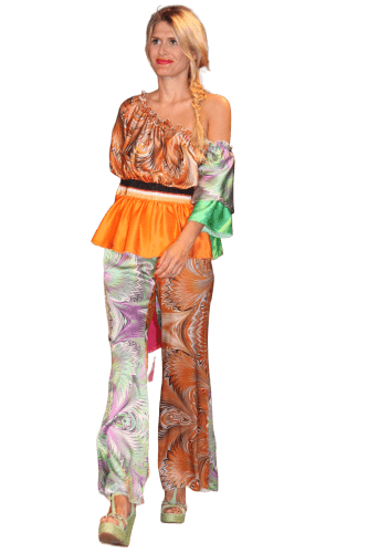 Hanna Bieńkowska kolekcja komplety wizytowe ze spodniami - elegancki i wyjątkowy komplet dwuczęściowy, bluzka ze spodniami z jedwabiu naturalnego, w stylu lat 1970, styl ABBA, spodnie dzwony w pasek, bluzka z dekoltem hiszpańskim - niepowtarzalny komplet na imprezę, na wakacje - pomarańczowy zielony