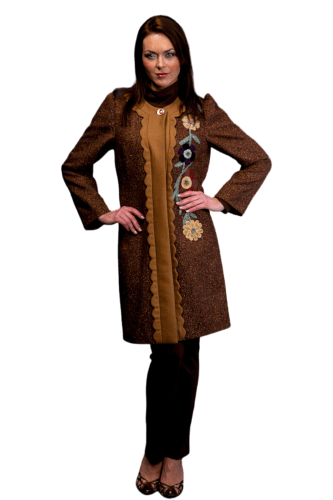 Hanna Bieńkowska kolekcja płaszcze i żakiety - elegancki i niepowtarzalny o wyjątkowym designie płaszcz damski, jesienny, wiosenny, prosty, z aplikacją, wełniany, tweed, brązowy, kryte zapięcie, pod szyję, bez kaptura, elegancki, niepowtarzalny, wyjątkowy,desing