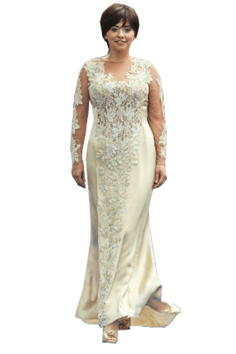 Hanna Bieńkowska kolekcja suknie ślubne - wyjątkowa i elegancka sukienka na wesele satynowa długa z koralikami - ołówkowa, jedwabna, aplikacja koronkowa z koralikami, długi rękaw, dekolt U - kremowa