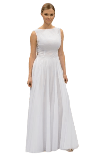 Hanna Bieńkowska kolekcja suknie ślubne - unikatowa i niepowtarzalna sukienka ślubna długa, na plecach koronkowa gipiura, z przodu gładka, dekolt łódka - model księżniczka - kolor biały