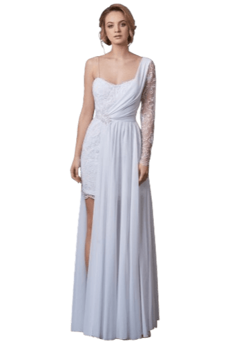 Hanna Bieńkowska kolekcja suknie ślubne - unikatowa i niepowtarzalna sukienka ślubna długa z przodu nogi odkryte, dwuczęściowa, koronkowa na ramiączka, asymetryczna - biała