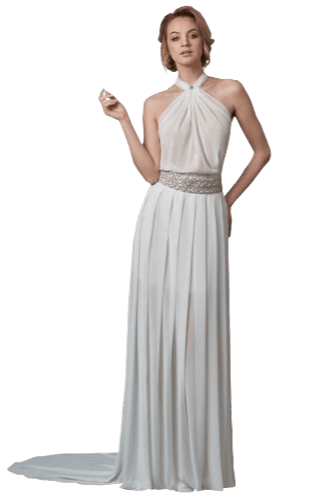 Hanna Bieńkowska kolekcja suknie ślubne - unikatowa i niepowtarzalna sukienka ślubna długa z trenem, taliowana, pasek z dżetami, spódnica w fałdy z muślinu, dekolt halter, plecy odkryte - ecru