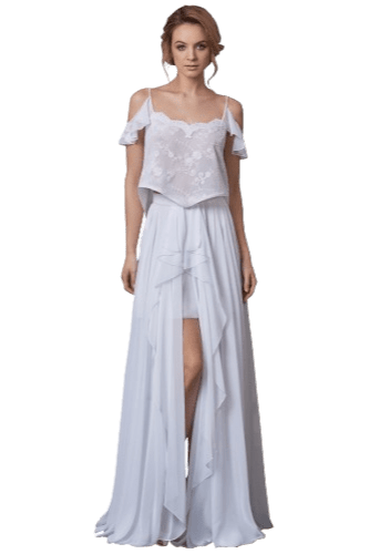 Hanna Bieńkowska kolekcja suknie ślubne - wyjątkowa i elegancka sukienka na wesele długa, trzyczęściowa, bluza koronkowa na ramiączka, krótka spódnica, długa portfelowa z muślinu - biała