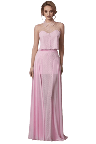 Hanna Bieńkowska kolekcja suknie ślubne - unikatowa i niepowtarzalna sukienka ślubna długa, taliowana, kloszowa, z tiulu w kropeczki, pod szyję z kołnierzykiem - różowa