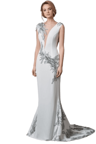 Hanna Bieńkowska kolekcja suknie ślubne - wyjątkowa i elegancka sukienka na wesele wieczorowa długa z trenem, suknia na czerwony dywan, z krepy jedwabnej, dekolt amerykański, aplikacje ze srebrnej koronki, rybka - biało-srebrna