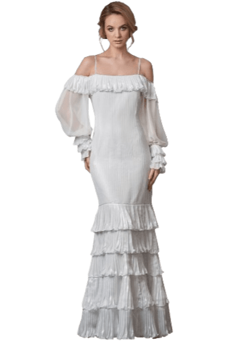 Hanna Bieńkowska kolekcja suknie ślubne - unikatowa i niepowtarzalna sukienka ślubna długa, rybka, syrena, odkryte ramiona, długi rękaw, muślin plisowany metalizowany - biała