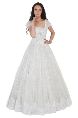 Hanna Bieńkowska kolekcja suknie ślubne - unikatowa i niepowtarzalna sukienka ślubna długa, przedłużany tył, księżniczka, koronka i tiul błyszczący, krótki rękaw, dekolt hiszpański - biała