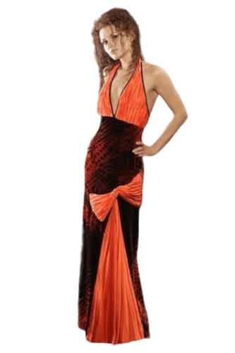 Hanna Bieńkowska kolekcja suknie wieczorowe długie - niepowtarzalna i unikatowa sukienka na imprezę - wizytowa, ołówkowa, dwukolorowa, welurowa, jedwabna, dekolt V, z rozporkiem dla druhny, mamy panny młodej - pomarańczowo czarna