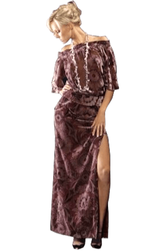Hanna Bieńkowska kolekcja suknie wieczorowe długie - wyjątkowa i elegancka suknia wieczorowa długa - ołówkowa, imprezowa, welurowa jedwabna devore, dekolt łódka, krótki rękaw dla druhny, mamy panny młodej - brudny róż