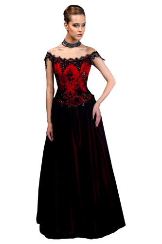 Hanna Bieńkowska kolekcja suknie wieczorowe długie - wyjątkowa i niepowtarzalna suknia wieczorowa długa - balowa, litera A, jedwabna i koronka z koralikami, czerwono-czarna, dekolt hiszpański, dla druhny, mamy panny młodej - czerwono czarna