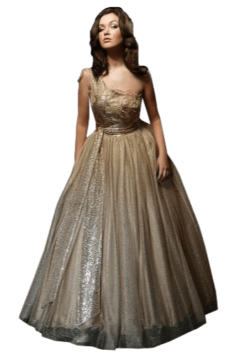 Hanna Bieńkowska kolekcja suknie wieczorowe długie - wyjątkowa i elegancka suknia wieczorowa długa - balowa, litera A, koronka metalizowana, tiul, asymetryczna, gorset - złota