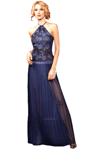 Hanna Bieńkowska kolekcja suknie wieczorowe długie - wyjątkowa i niepowtarzalna suknia wieczorowa długa - imprezowa, ołówkowa, dekolt halter, taliowana, koronka metalizowana srebrna, plisowana, dla druhny, mamy panny młodej - granatowa