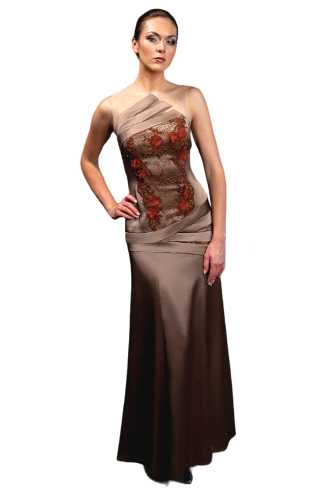 Hanna Bieńkowska kolekcja suknie wieczorowe długie - wyjątkowa i elegancka suknia wieczorowa długa - wizytowa, satyna jedwabna, litera A, dekolt halter, taliowana, korona, dla druhny, mamy panny młodej - beżowa
