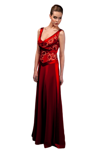 Hanna Bieńkowska kolekcja suknie wieczorowe długie - wyjątkowa i elegancka suknia wieczorowa długa - wizytowa, satyna jedwabna, litera A, dekolt karo, taliowana, dla druhny, mamy panny młodej - czerwona