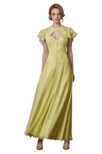 Hanna Bieńkowska kolekcja suknie wieczorowe długie - wyjątkowa i elegancka suknia wieczorowa długa - wizytowa, koronka z koralikami, jedwab, gorset, koronka pod szyję, taliowana, , na plecach dekolt, pelerynka, dla druhny, mamy panny młodej - limonkowa