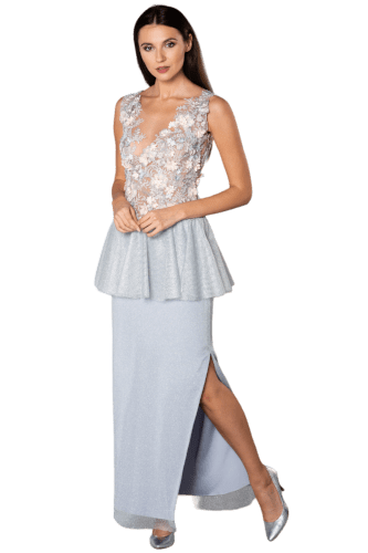 Hanna Bieńkowska kolekcja suknie wieczorowe długie - niepowtarzalna i unikatowa sukienka na bal - wizytowa, ołówkowa, koronkowa 3D, dekolt V, tiul srebrny metalizowany, baskinka, dla druhny, mamy panny młodej - szarosrebrna
