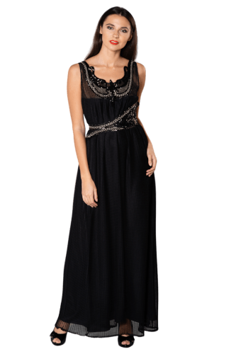 Hanna Bieńkowska kolekcja suknie wieczorowe długie - niepowtarzalna i unikatowa sukienka na imprezę - wizytowa, ołówkowa, dekolt U, tiul plisowany z aplikacją przy dekolcie, dla druhny, mamy panny młodej - czarna