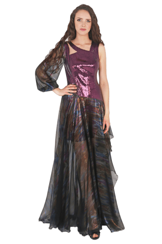 Hanna Bieńkowska kolekcja suknie wieczorowe długie - wyjątkowa i niepowtarzalna suknia wieczorowa długa - litera A, muślin metalizowany, dekolt asymetryczny ozdobny, gorset elastyczny cekinowy, dekolt halter, dla druhny, mamy panny młodej - burgundowa
