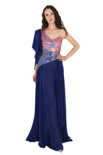 Hanna Bieńkowska kolekcja suknie wieczorowe długie - niepowtarzalna i unikatowa sukienka na imprezę - litera A, muślin, dekolt asymetryczny ozdobny, gorset elastyczny cekinowy, dla druhny, mamy panny młodej - różowo szafirowa
