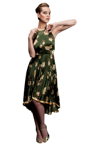 Hanna Bieńkowska kolekcja suknie wieczorowe krótkie - wyjątkowa i niepowtarzalna suknia wieczorowa krótka na komunię - dekolt halter, litera A, spódnica plisowana, jedwabna satyna, dla druhny, mamy panny młodej - zielona w herbaciane róże
