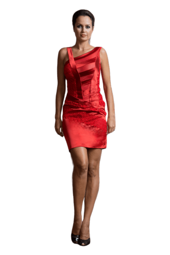 Hanna Bieńkowska kolekcja suknie wieczorowe krótkie - niepowtarzalna i unikatowa sukienka na chrzciny - ołówkowa, taliowana, jedwabna koronka, dekolt asymetryczny, dla druhny, dla mamy na wesele, na komunię, na chrzest - czerwona