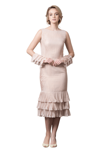 Hanna Bieńkowska kolekcja suknie wieczorowe krótkie - niepowtarzalna i unikatowa sukienka na chrzciny - taliowana, muślin plisowany, z długim rękawem, dla druhny, dla mamy na wesele, na komunię, na chrzest - brudny róż ze złotym połyskiem