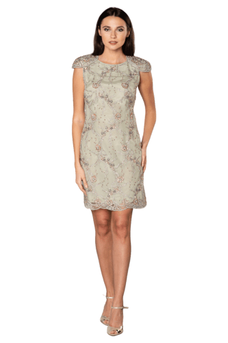 Hanna Bieńkowska kolekcja suknie wieczorowe krótkie - wyjątkowa i elegancka suknia wieczorowa krótka na komunię - ołówkowa, taliowana, dekolt łódka, koronka z koralikami i cekinami, dla druhny, mamy panny młodej -  oliwka