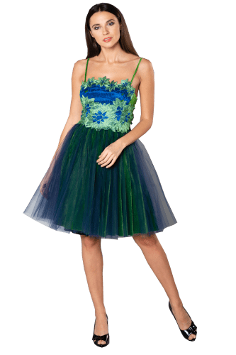 Hanna Bieńkowska kolekcja suknie wieczorowe krótkie - niepowtarzalna i unikatowa sukienka na imprezę - litera A, taliowana, welur, tiul, gorsetowa na ramiączka na chrzest, na studniówkę, dla druhny, mamy panny młodej - zielony szafir