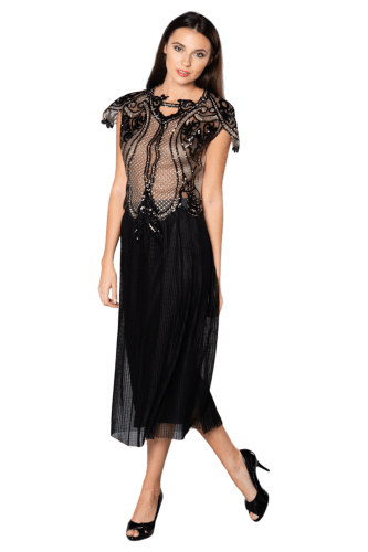 Hanna Bieńkowska kolekcja suknie wieczorowe krótkie - wyjątkowa i elegancka suknia wieczorowa krótka na komunię - ołówkowa, dwuczęściowa, tiul z aplikacją i tiul plisowany, dla druhny, mamy panny młodej -  czarna